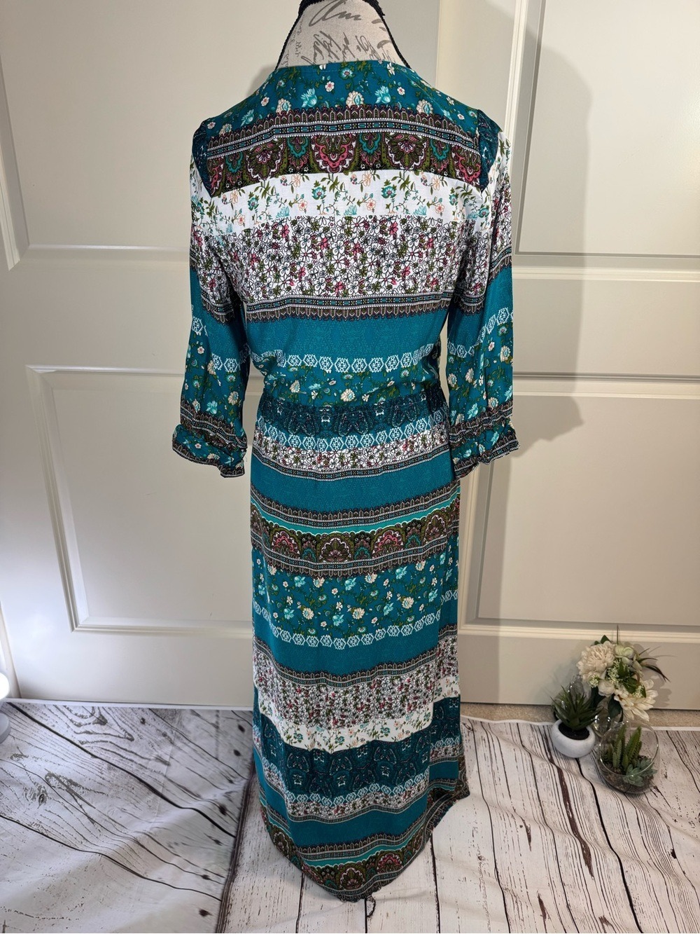 Teal Floral Button-Front Maxi Dress Cottagecore Boho Large - Picture 2 of 10